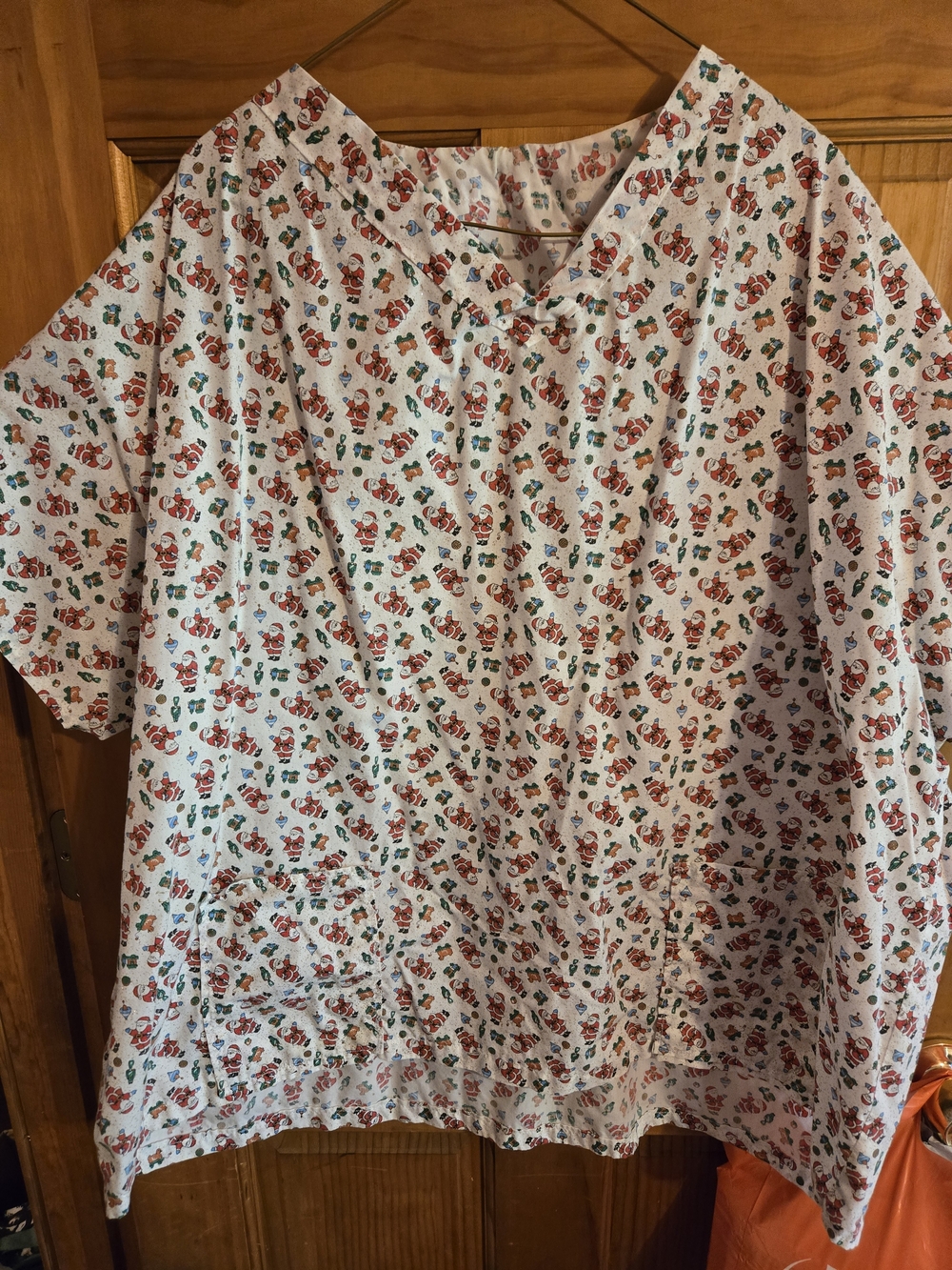 White Santa Print Scrub Top